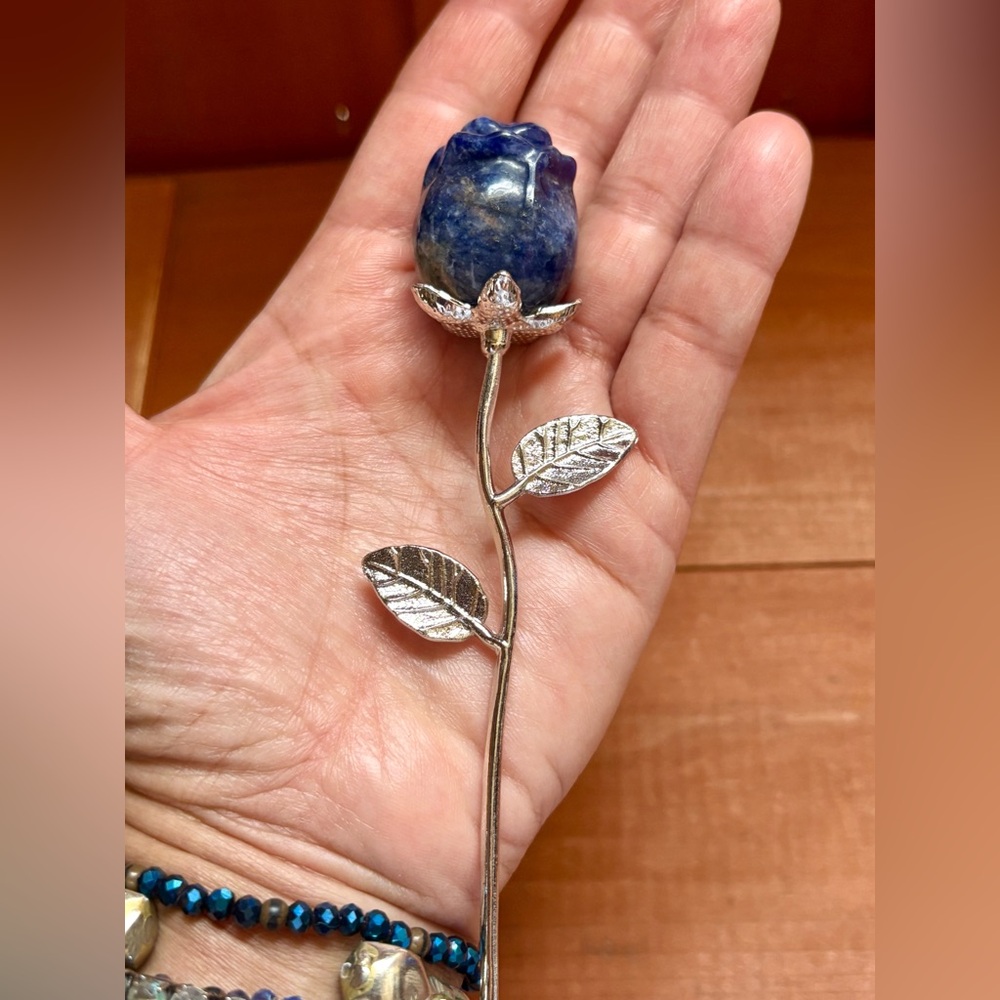 Sodalite Crystal Rose Flower with Silver Tone Stems 6” Gemstone Mineral Gift